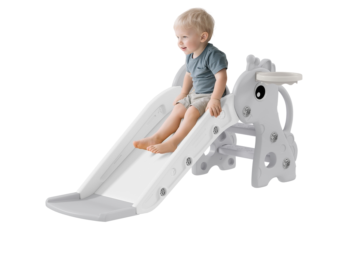 Escorregador Infantil Com Estampa De Girafa, Com Cesta E Escada, Para Crianças De 1 A 3 Anos, Uso Interno, 106 X 51,5 X 52 Cm, Cinza.
