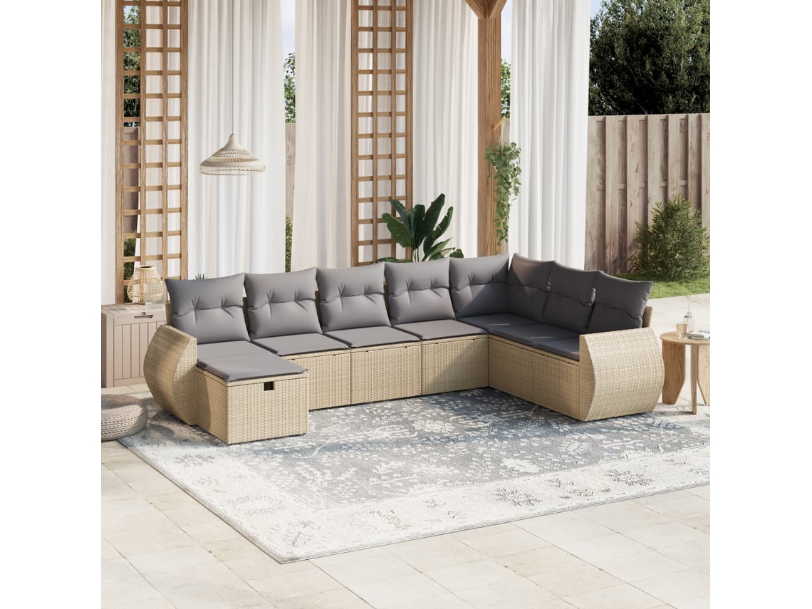 Vidaxl 8 Pcs Conj. Sofás Jardim C/ Almofadões Vime Pe Bege Misturado