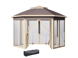 Cenador hexagonal 4.05x3.4x2.85m com duplo teto, 6 mosquiteiras removíveis, saco e proteção UV bege BTFORUS