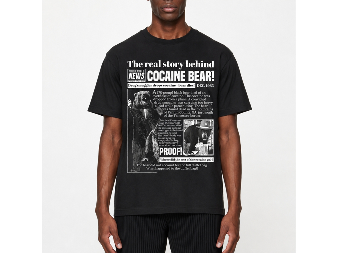 Rockinstone Cocaine Bear Real Story Black Adult T-shirt Size:m