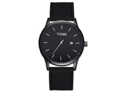 Relógio de negócios Tomi Fashion, mostrador redondo, pulseira de PU, movimento de quartzo, preto.