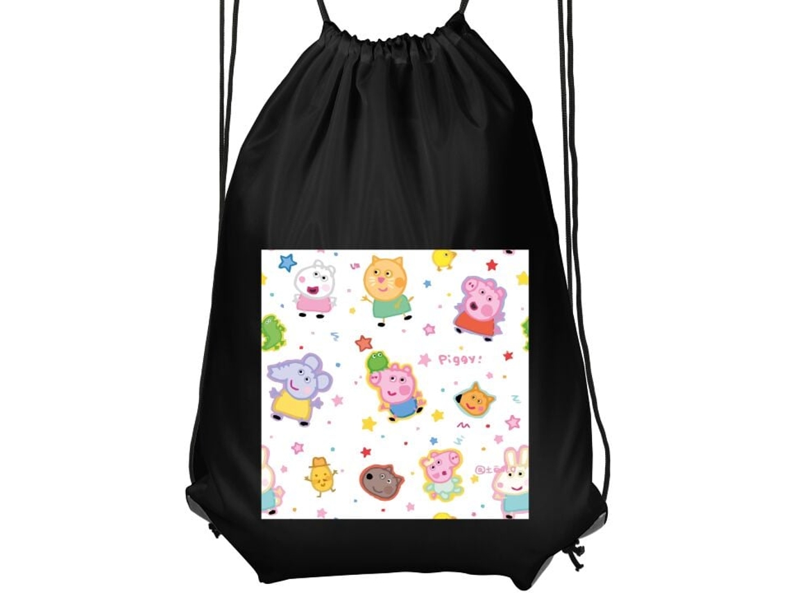 Mochila de Ginástica Infantil Preta, Confortável e Prática. Estampa Divertida com Animais de Desenho Animado, Estrelas e Cores Alegres BRILVIBERA