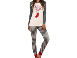 2026 pijamas de Natal para Mulher Conjunto de Camiseta de Manga Longa e Calças Listradas Roupa Noturna Natalina