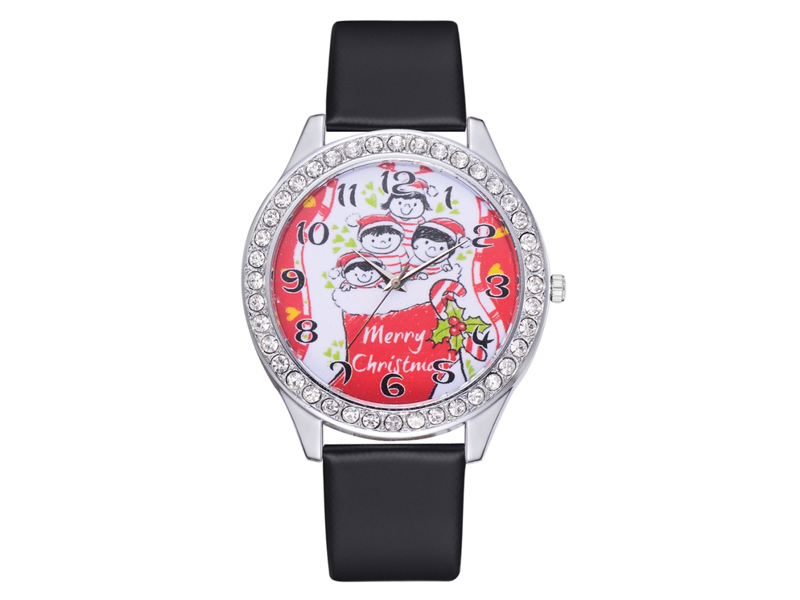 Relógio Casual Unissex de Quartzo com Pulseira Pu Padrão Natalino Presente (preto)