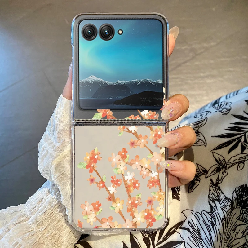 Capa Transparente Para Motorola Razr 50 Ultra Com Estampa Floral Rosa, Feita De Material Rígido À Prova De Choque.
