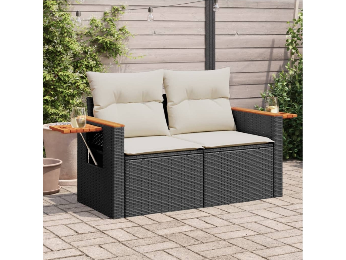 Vidaxl Sofá De Jardim Com Almofadões 2 Lugares Vime Pe Preto
