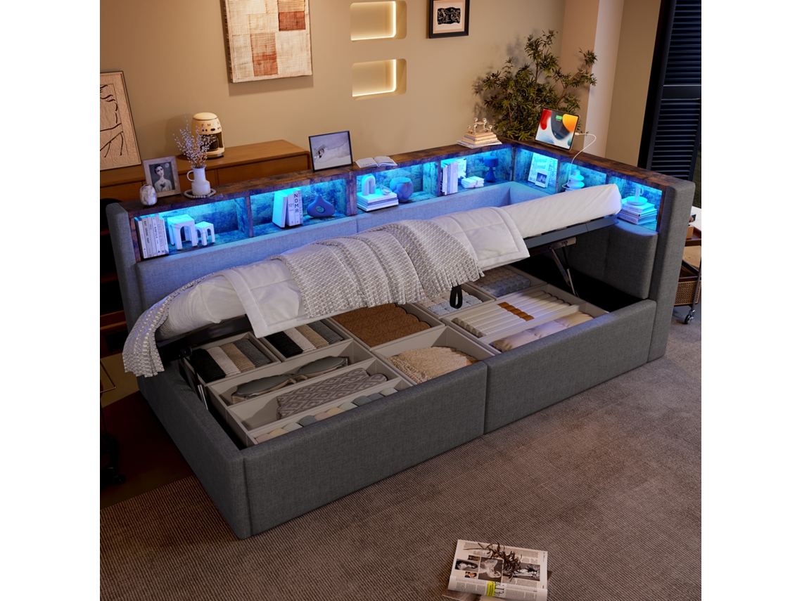 Sofá Cama 90x200 Cm Usb Type-c Led Armazenamento Linho Cinza