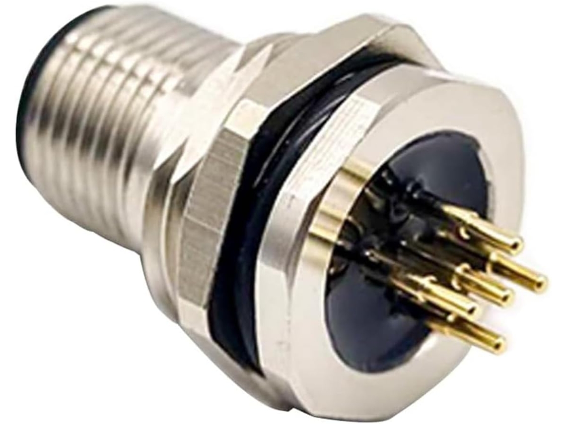 Conector macho reto M12A de 5 pinos para montagem frontal embutida com contatos à prova d'água para PCB, tipo de solda PCB M16x