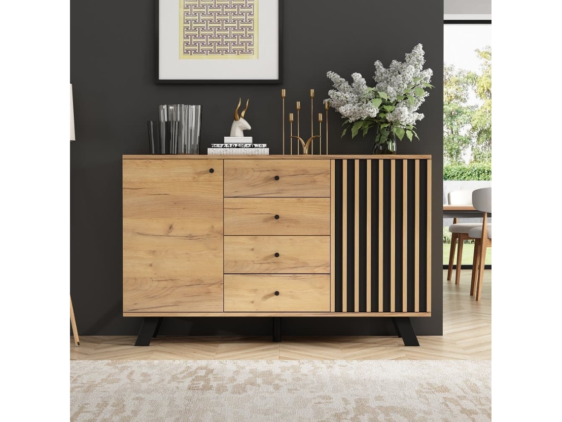 Aparador 120x38x75 Cm - 4 Gavetas, 2 Armários, Design Oco, 5 Pés Em Madeira Maciça - Preto + Natural