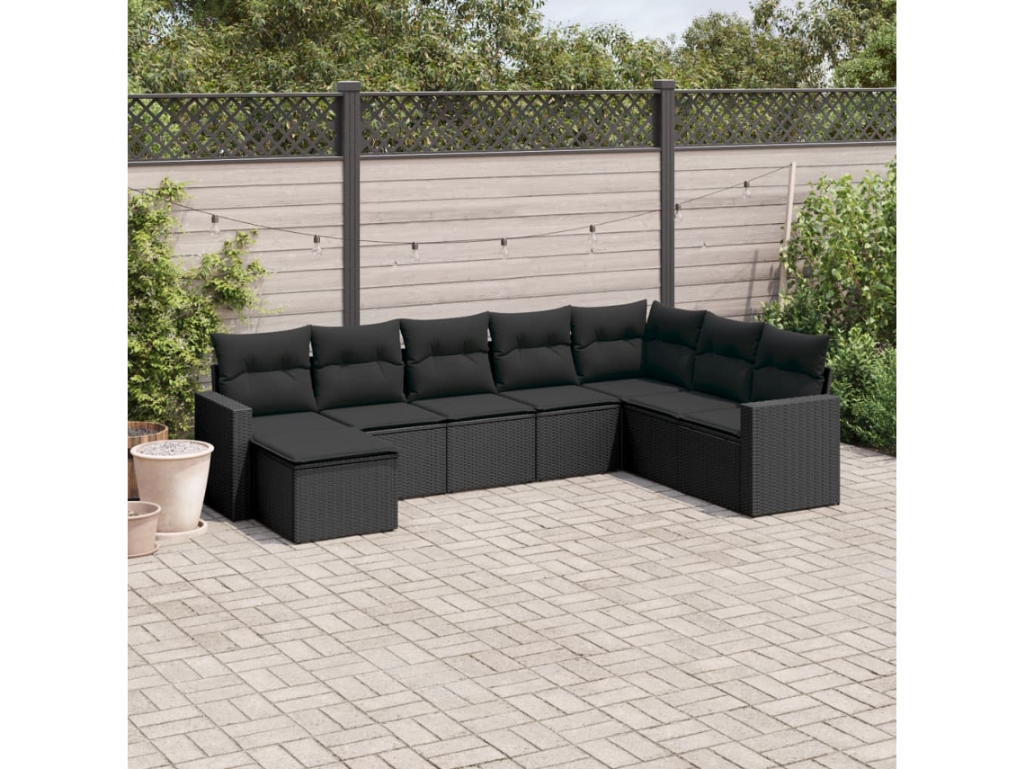 Vidaxl 8 Pcs Conjunto Sofás De Jardim Com Almofadões Vime Pe Preto