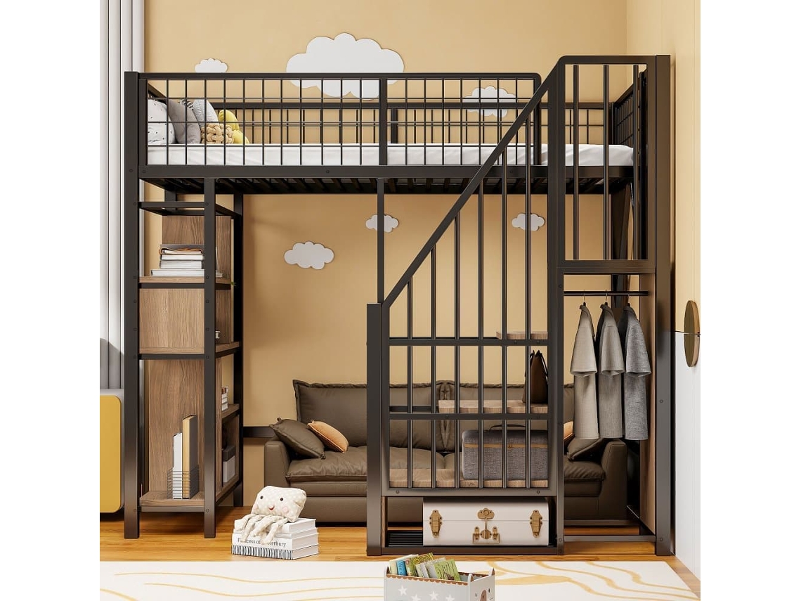Cama Alta Multifuncional 90x200 Cm - Com Arrumação, Prateleiras E Escada - Preto
