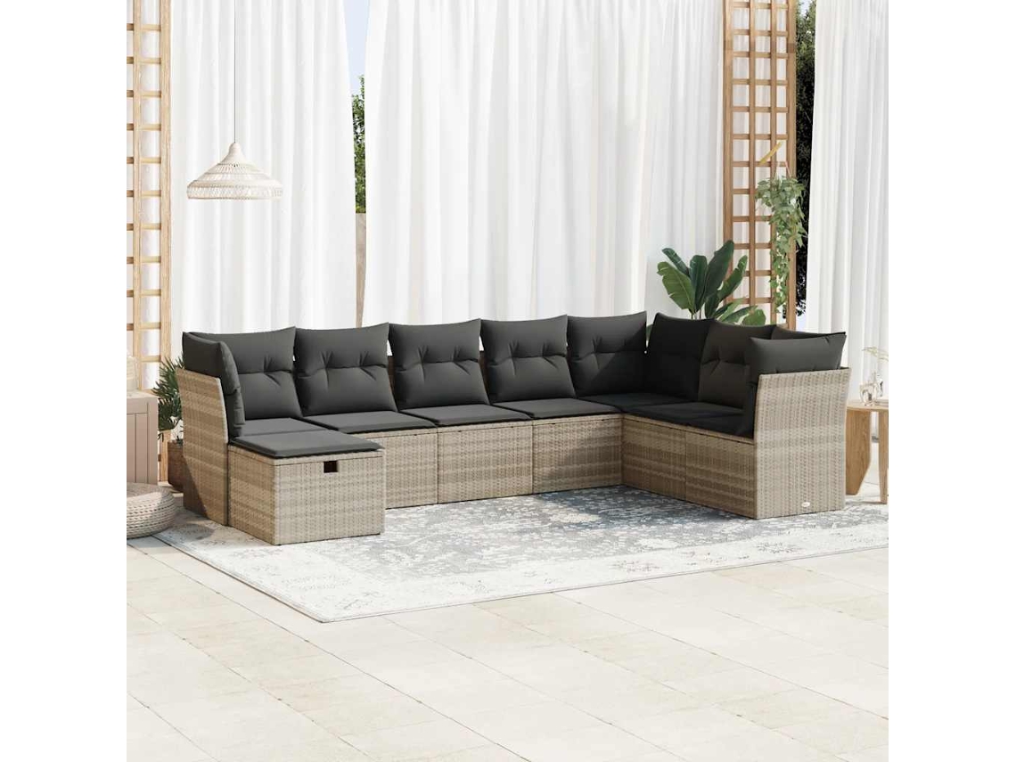 Vidaxl 8 Pcs Conj. Sofás Jardim C/ Almofadões Vime Pe Cinzento-claro