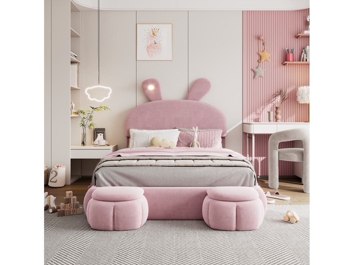 Cama Infantil 140x200 Cm Estofada Em Veludo - Orelhas De Coelho Com Led Ajustável - Com 2 Bancos De Arrumação - Rosa