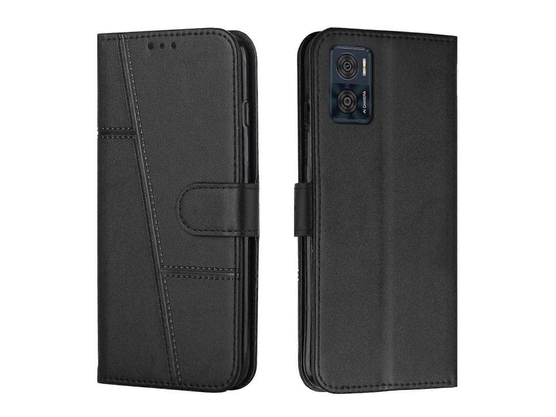 Capa De Celular Em Couro Com Textura De Bezerro E Costura Aparente Para Motorola Moto E22 / E22i