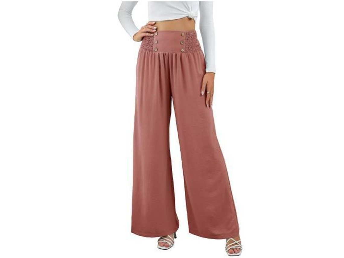 Calças de linho Rebe para mulheres, com pernas largas, cintura alta elástica, para praia, tamanho P, rosa e vermelha.