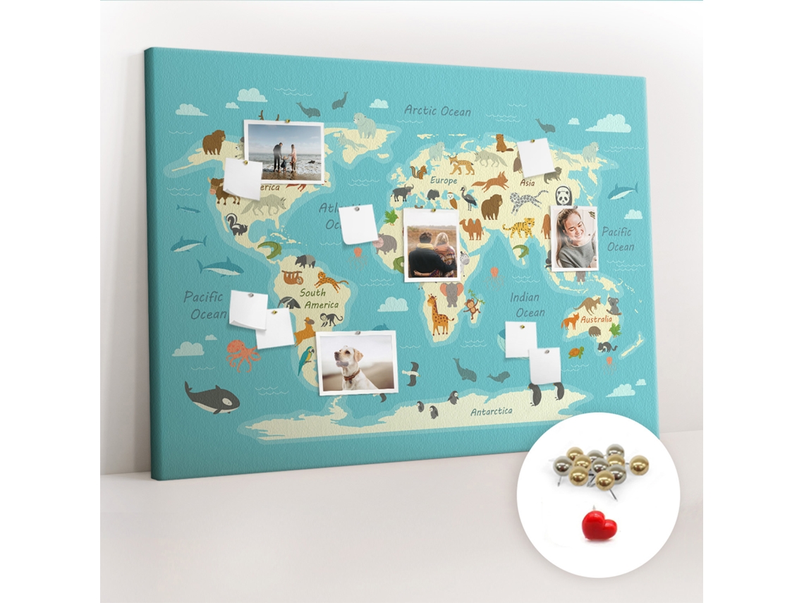 Painel De Cortiça Para Parede Mapa-múndi Com Animais Para O Escritório Espelharte (140x100 Cm)