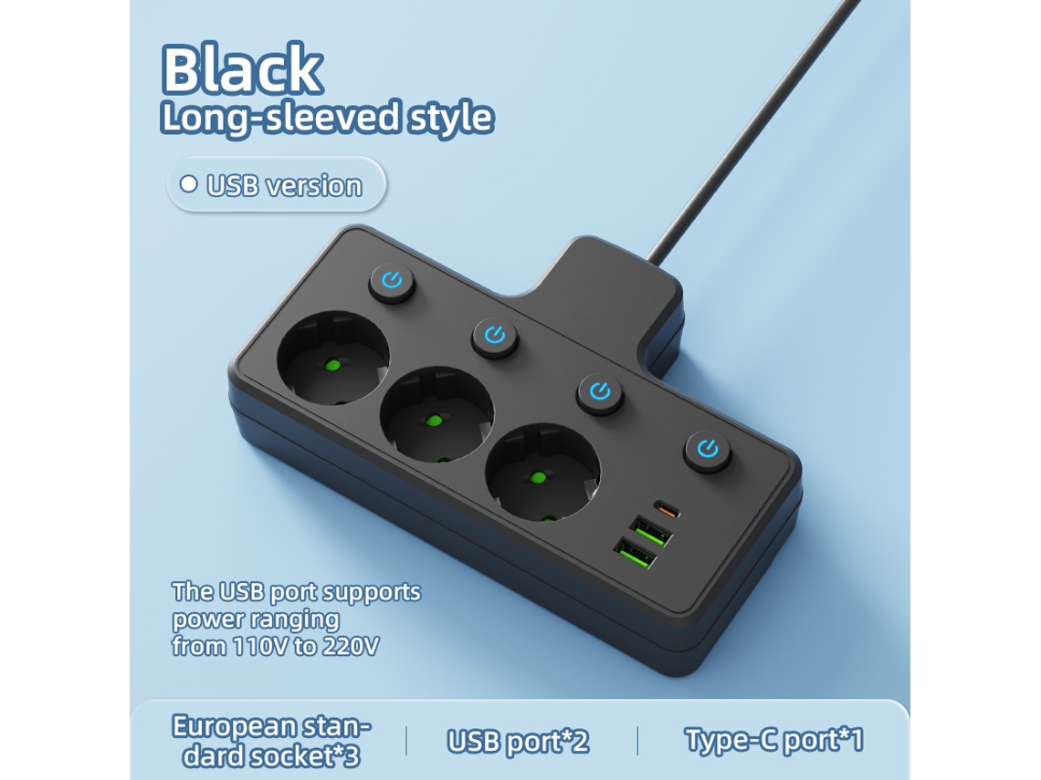 Régua De 3 Tomadas Interface Usb E Type-c, Fio De Extensão De 2 Metros Com Interruptor (preto) Cuich