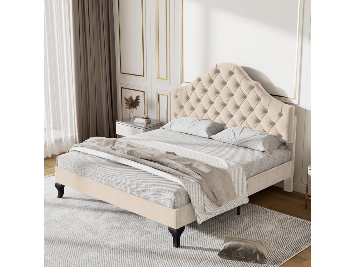 Cama Solteiro Bege 140x190cm Estofada, Veludo, Cabeceira Ajustável, Ripas. Ge