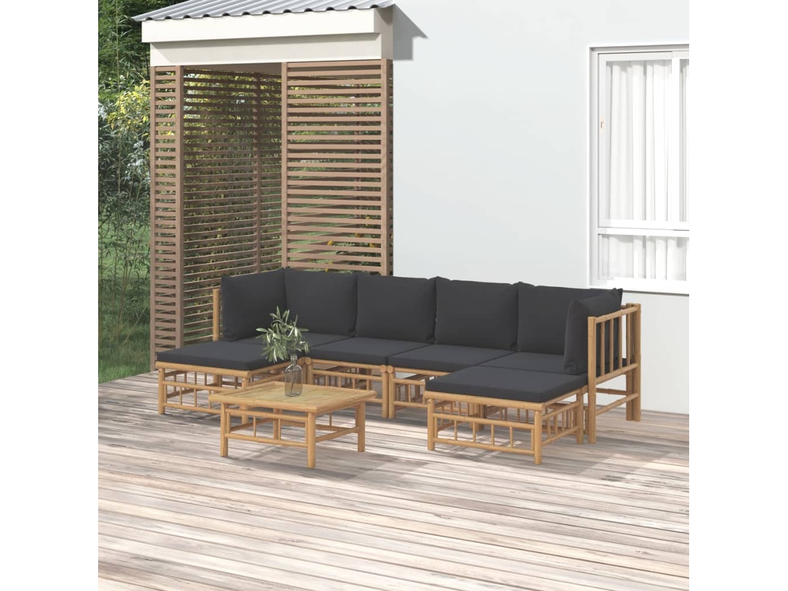 Conjunto 7pcs Lounge De Jardim Bambu C/ Almofadões Cinzento Escuro Dkd Home Decor