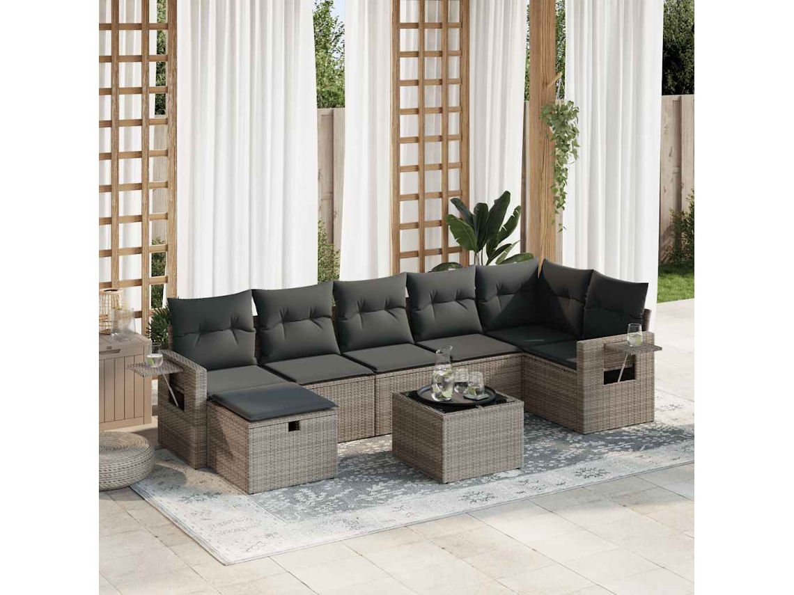 Vidaxl 8 Pcs Conjunto Sofás De Jardim C/ Almofadões Vime Pe Cinzento