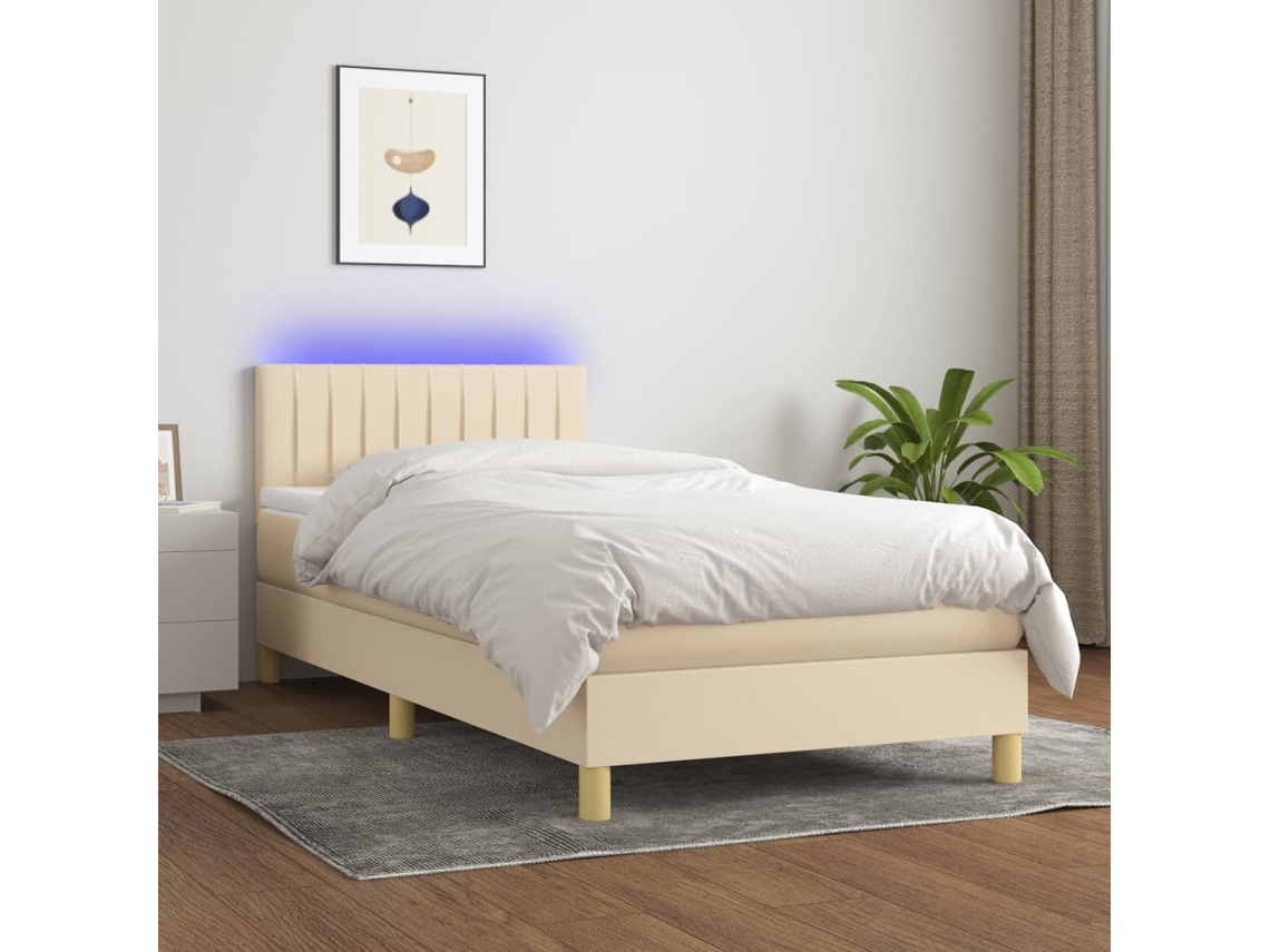 Vidaxl Cama Box Spring C/ Colchão E Led 100x200 Cm Tecido Cor Creme