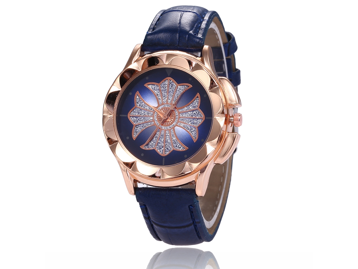 Relógio feminino de quartzo com pulseira de couro sintético, design floral com strass, azul royal