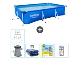 Piscina Retangular de Aço Pro BESTWAY 300 X 201 X 66 Cm Azul Inclui Bomba Vela Solar Pacote de Manutenção Filtro Escada