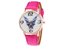 Relógio de quartzo unissex com pulseira de couro PU Zhoulianfa, mostrador vermelho e rosa com estampa de morcego.