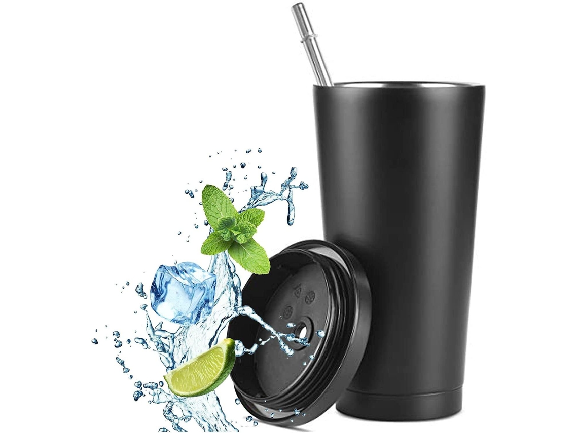 Caneca térmica com canudo e tampa hermética, aço inoxidável de parede dupla, 500ml, mantém bebidas quentes ou frias por 6 a 8 horas.