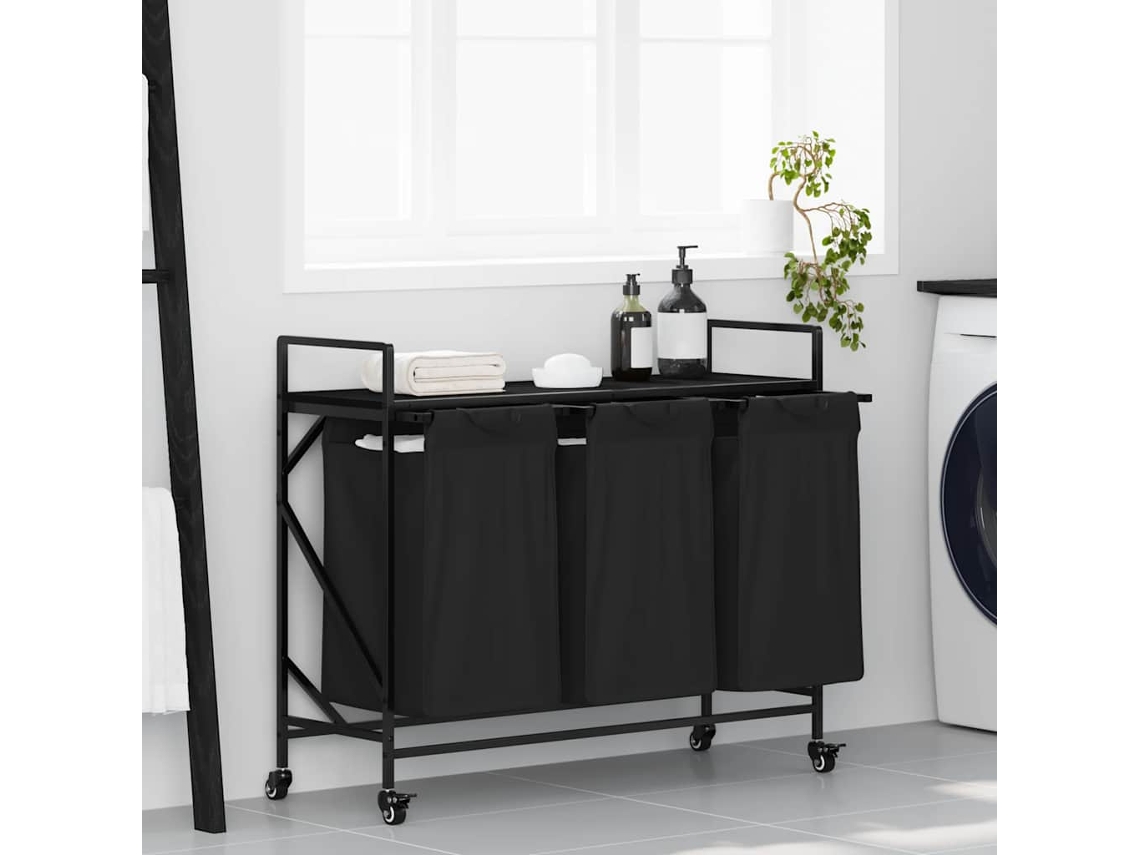 Vidaxl Cesto De Roupa Suja Com 3 Compartimentos E Rodas, Cor Carvalho Preto
