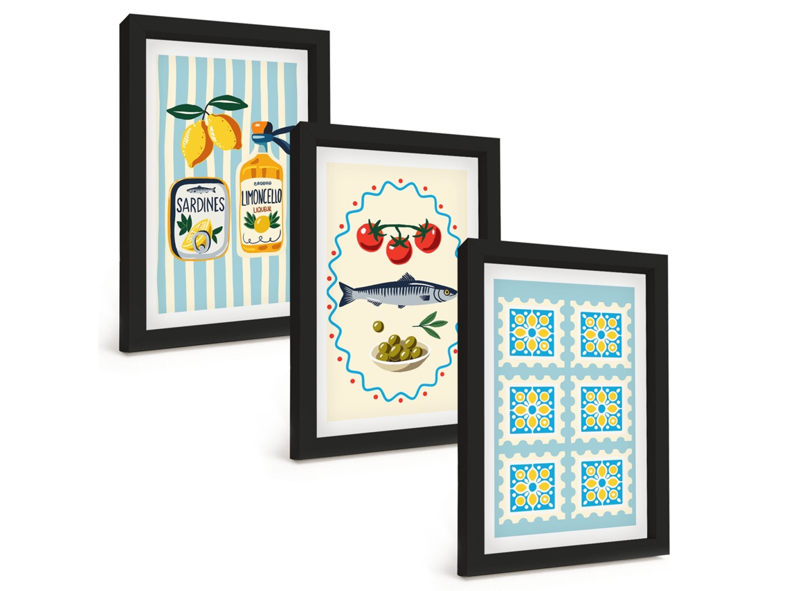 Composição De Quadros Na Paredeilustrações Em Estilo De Cozinha Mediterrânea Moldura Preta Quadros Para A Sala De Estar Espelharte (3 Peças 20x30 Cm)