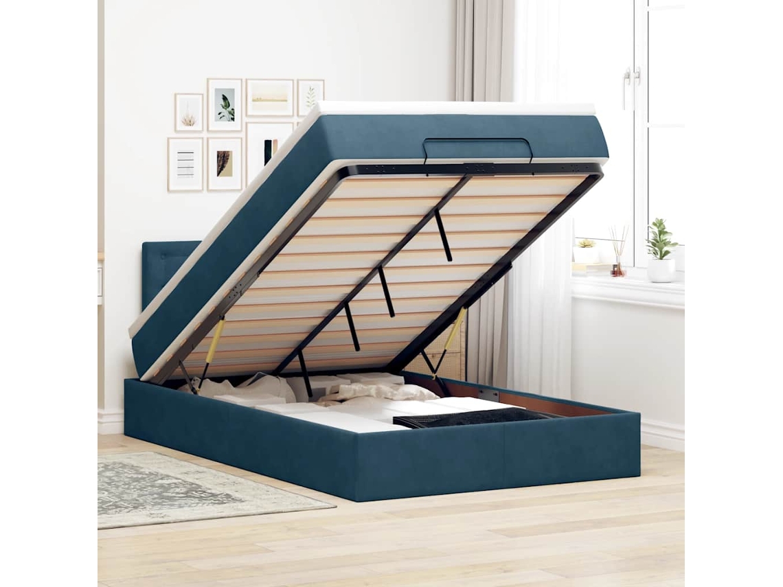 Vidaxl Cama Otomana Com Colchão Leds 120x190cm Veludo Azul-escuro