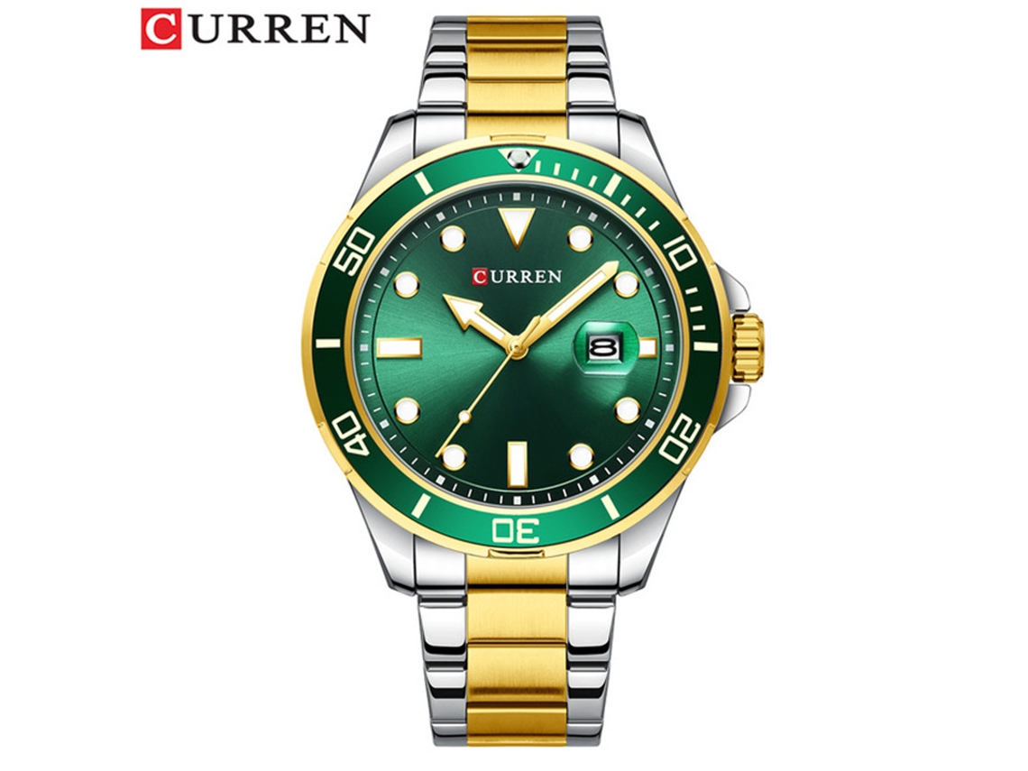 Relógio de Pulso Masculino Fashion Quartz com Data Luminosa, Pulseira de Aço Inoxidável, Estilo Executivo. MDUG (verde Bicolor)