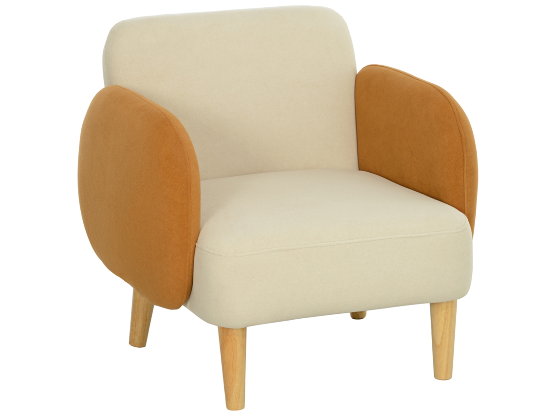 Poltrona de sala em veludo, com apoios de braços, pernas de madeira, compacta, 72x76x74 cm, creme