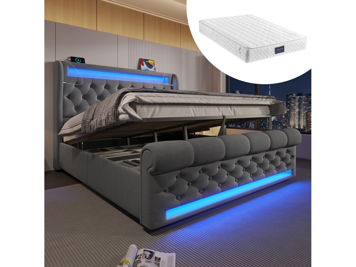 Cama Casal Veludo Cinza 140x200 Com Led Usb-c E Baú