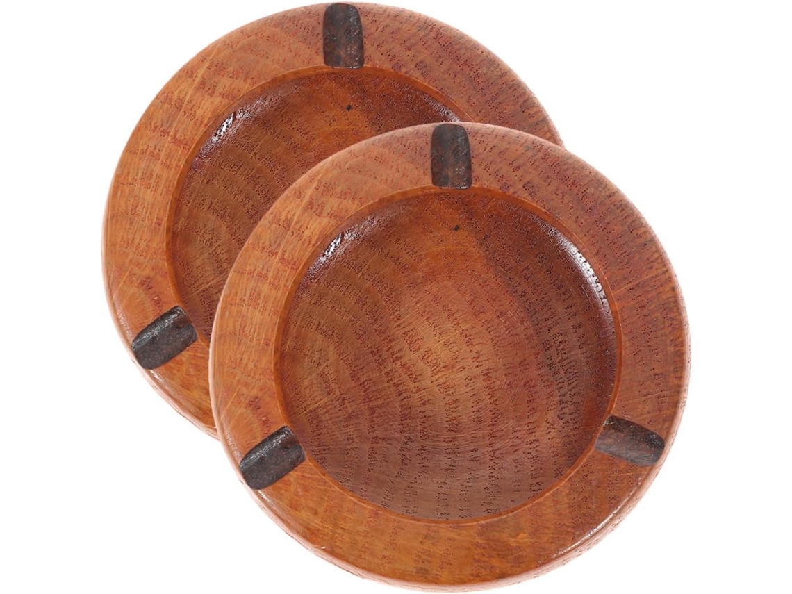 Conjunto 2 Cinzeiros Redondos Madeira Natural Compactos 10x3 5 Estar Escritório Restaurante Recipiente Simples GOKOCO