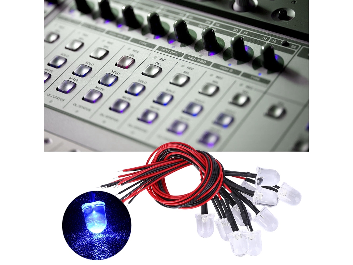 50 diodos LED 12V 10mm com cabo e cabeça redonda, alta luminosidade e brilho.