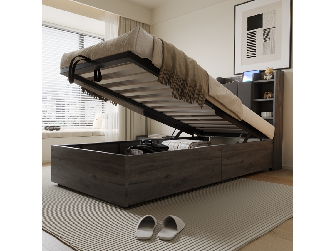 Cama De Madeira 90x200cm Com Sistema Hidráulico Armário Usb Type-c