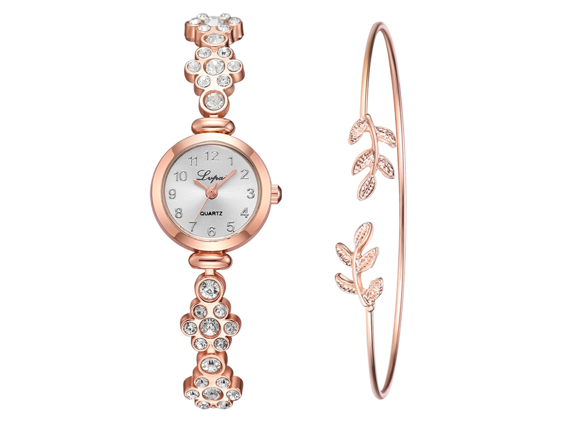 Relógio Feminino de Quartzo com Pulseira de Liga e Strass Rosa Ouro Branco
