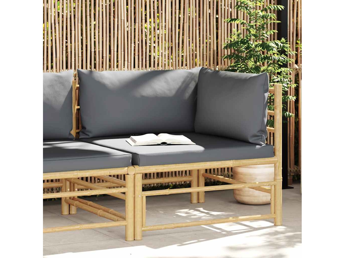 Vidaxl Sofá De Canto Para Jardim Com Almofadões Cinzento-escuro Bambu