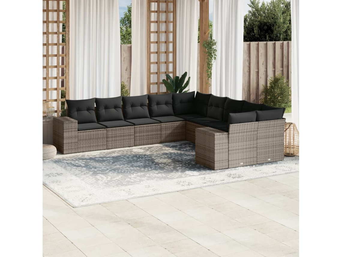 Vidaxl 10 Pcs Conjunto Sofás De Jardim C/ Almofadões Vime Pe Cinzento