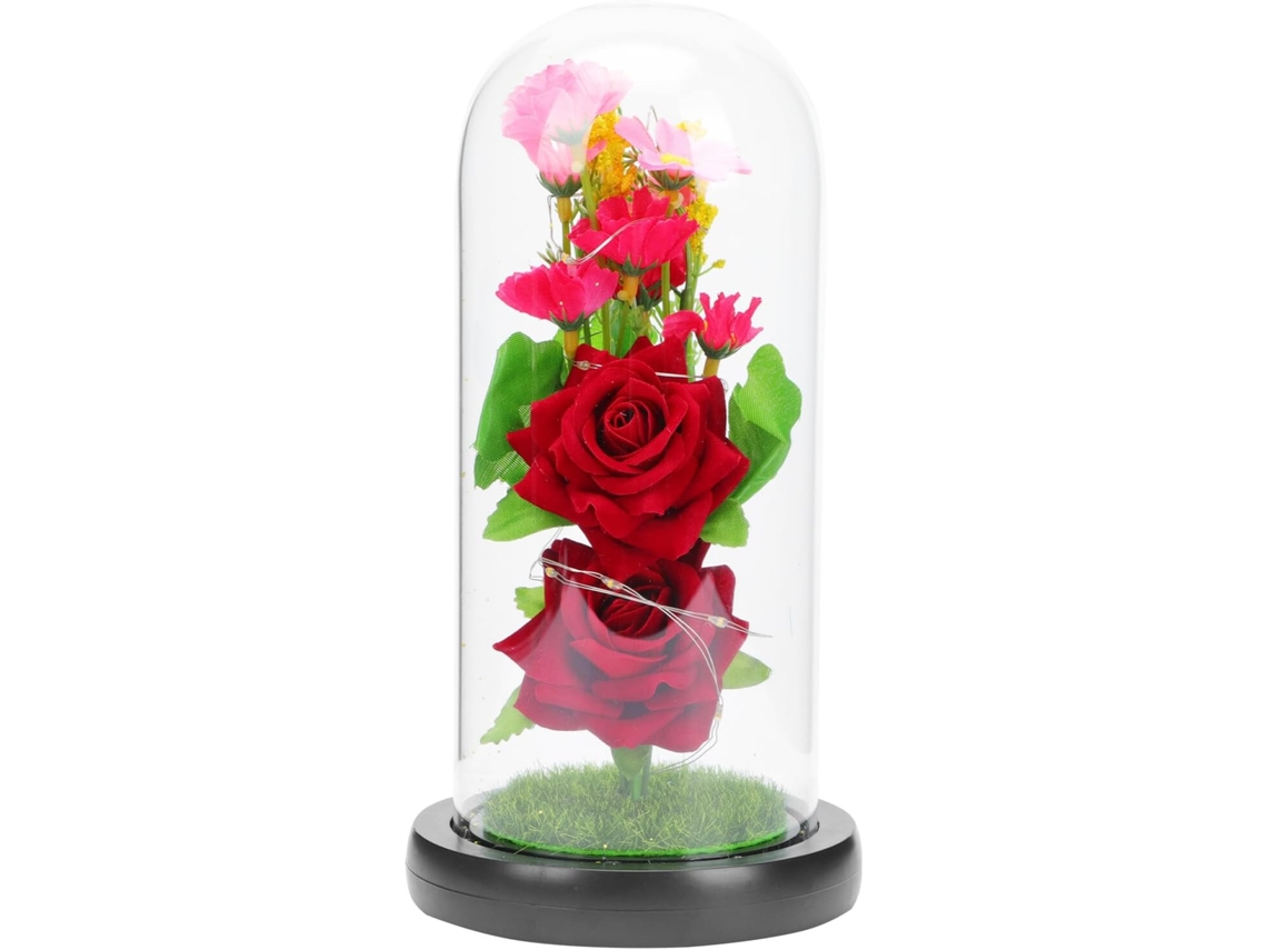 Luminária Noturna De Led Com Flor Artificial Sob Cúpula De Vidro Preto.
