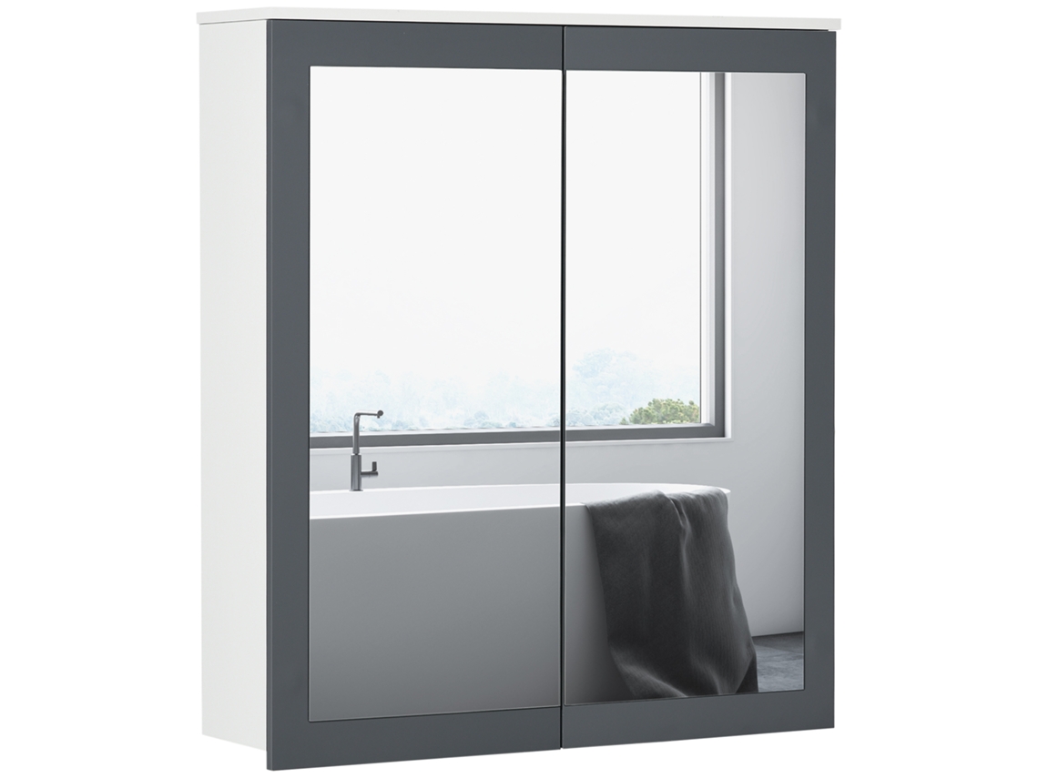 Armário De Casa De Banho Com Espelho 2 Portas E Prateleiras Ajustáveis 69x17x75,5 Cm Branco E Cinza