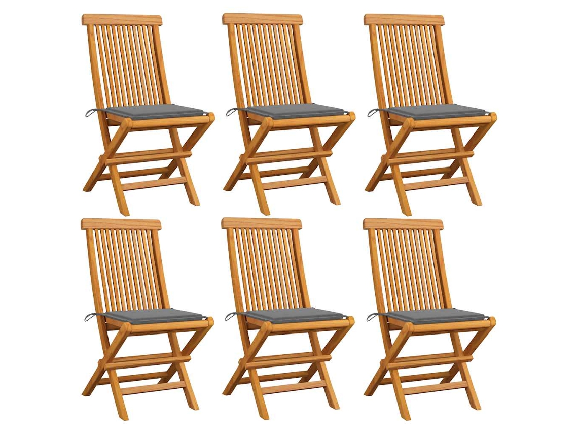 Cadeiras De Jardim C/ Almofadões Cinzentos 6 Pcs Teca Maciça Dkd Home Decor