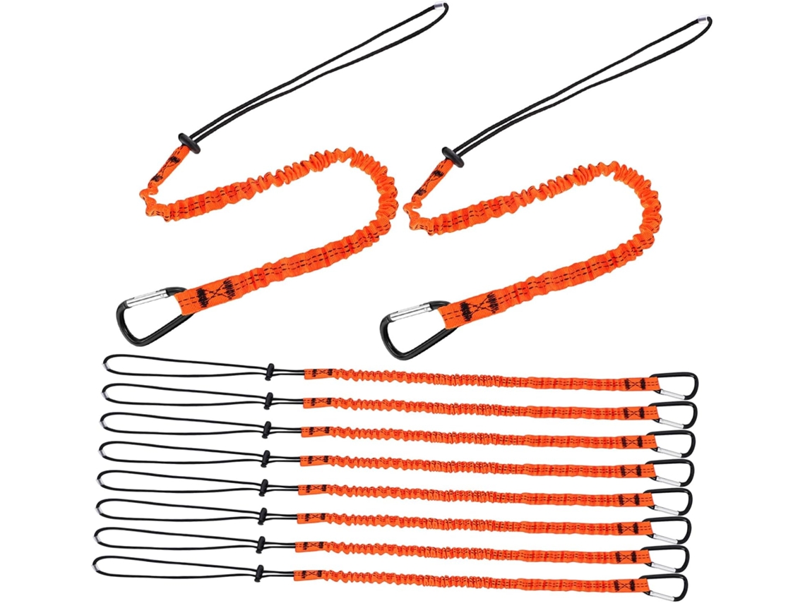 Conjunto Kichouse com 10 cordões elásticos de segurança para ferramentas com mosquetão, fáceis de instalar e de alta qualidade.