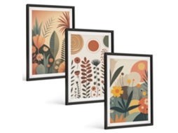 Galeria De Pinturas Murais Padrões Florais Boho Da Natureza Moldura Preta Quadros Para O Escritório Espelharte (3 Piezas De 40x60 Cm)