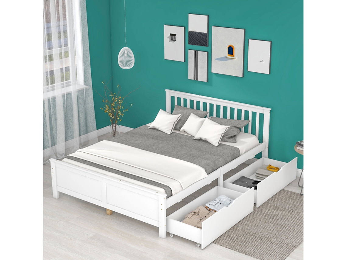 Cama Madeira Pinho 140x200 com Gavetas Branca
