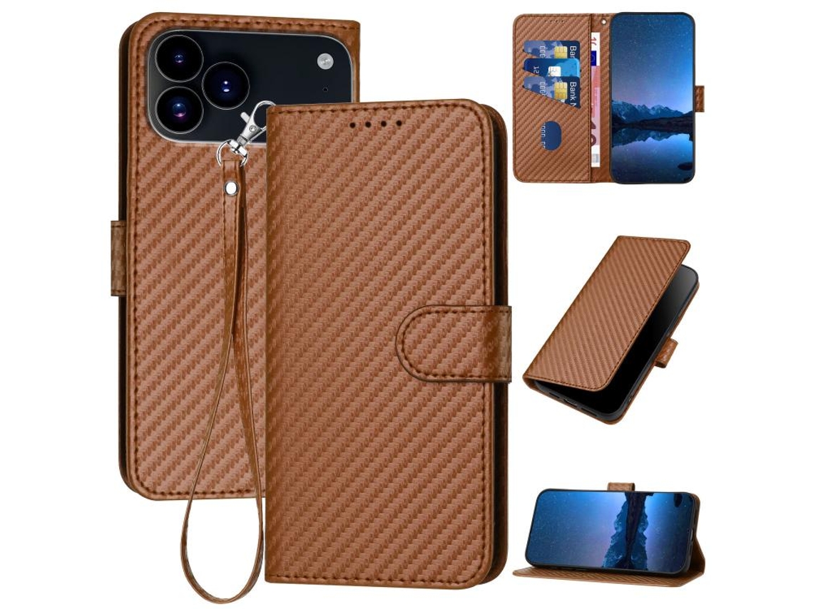 Capa De Couro Para Iphone 17 Pro Max - Fivela Em Fibra De Carbono - Com Cordão