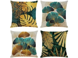 Funda De Almofadas De Folhas Verdes E Douradas, Pacote De 4, 45x45 Cm, Tecido Macio, Para Sala E Sofá