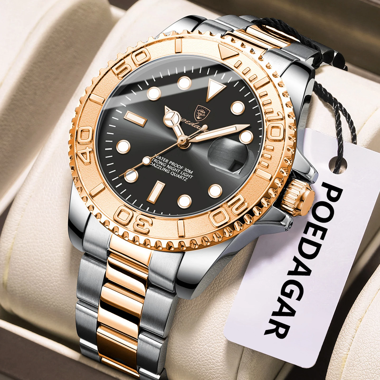 Luxuoso Relógio Masculino (Rose Gold Gold), Em Prova D'água, Em Aço Inoxidável, Com Contador de Dados Luminosos.